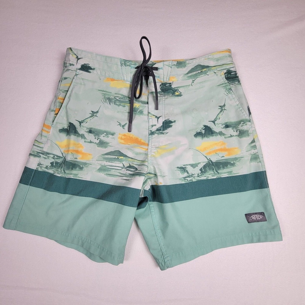 Aftco Board Shorts Men's Sz 32x8 Fishing Tropical‎ Beach Unlined